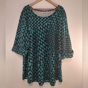 Cato Green Black Abstract Chevron Print Rolled Half Sleeve Scoop Neck Top 26/28